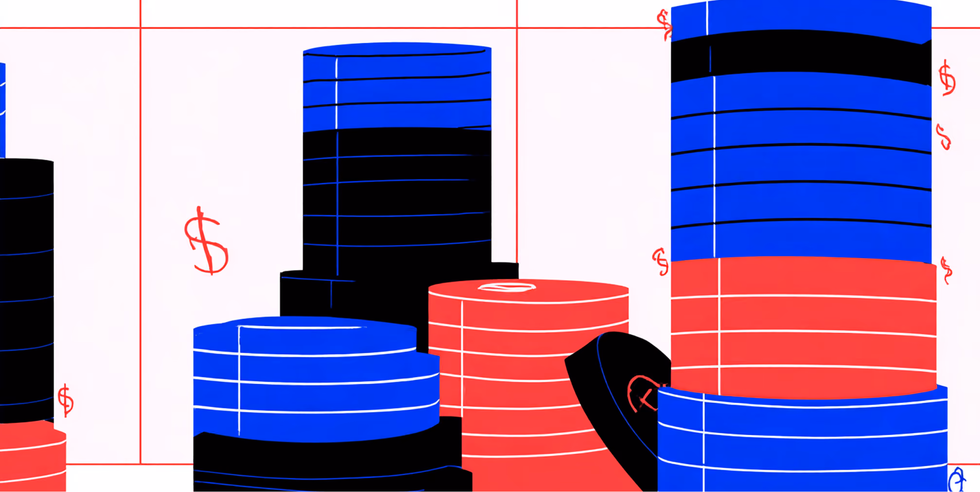 Stacks of coins in blue, red, and black with dollar symbols, representing B2B revenue growth, bulk pricing, and scalable transactions.