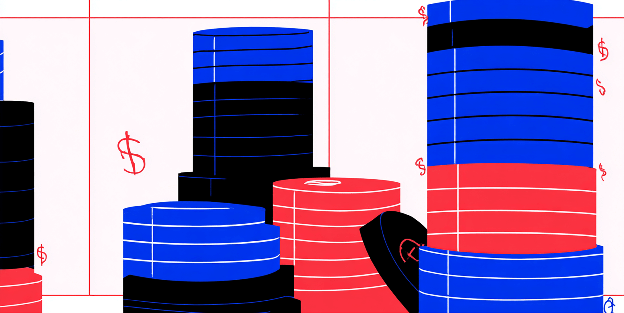 Stacks of coins in blue, red, and black with dollar symbols, representing B2B revenue growth, bulk pricing, and scalable transactions.