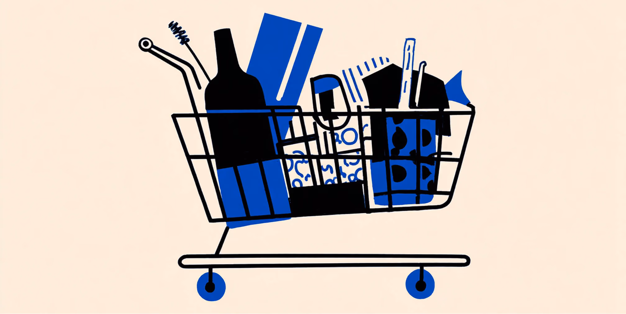 Illustration of a shopping cart filled with assorted packaged goods and bottles, representing online retail or e-commerce purchasing.