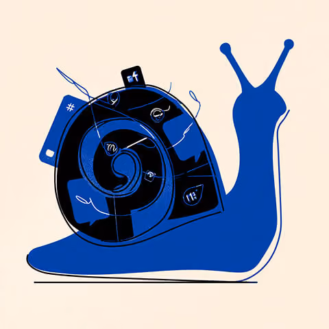 Stylized illustration of a snail overlaid with digital interface icons, symbolizing slow website performance or delayed loading speeds.