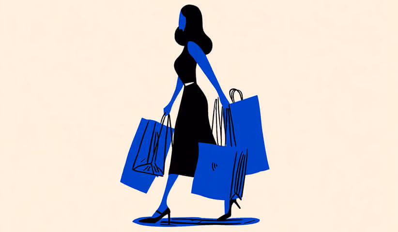 Stylized illustration of a person walking while holding multiple shopping bags, representing consumer purchasing or retail activity.