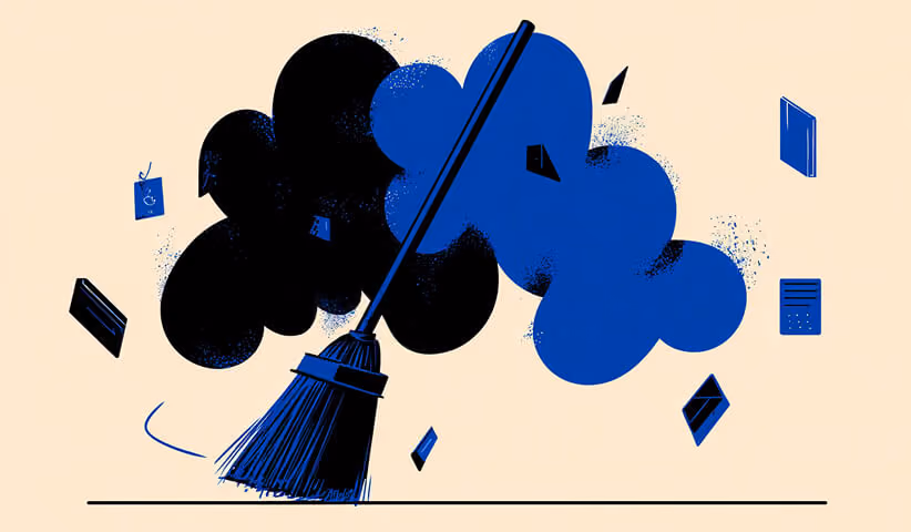 Abstract illustration of a broom sweeping away dark clouds and floating digital elements, representing cleanup or optimization.