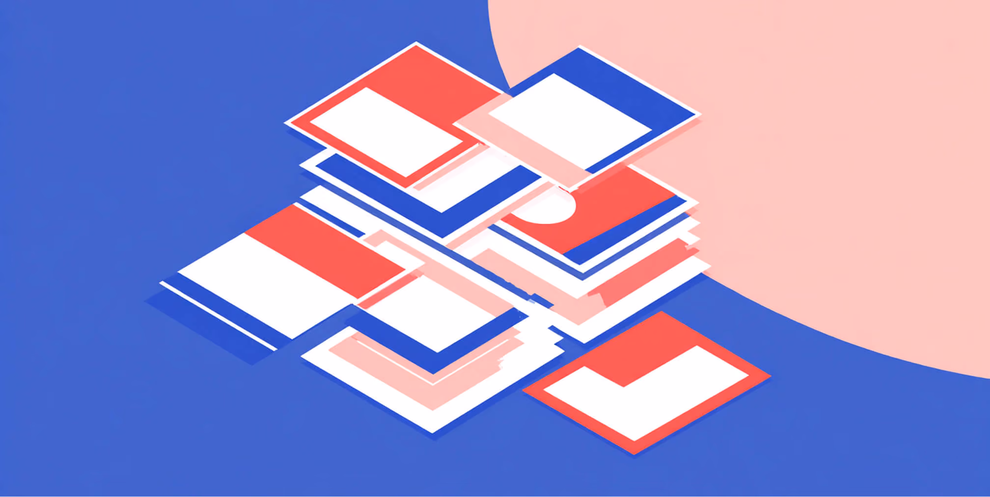 Abstract illustration of layered website layouts in red, blue, and white, representing modular Shopify theme architecture and flexible page structure.