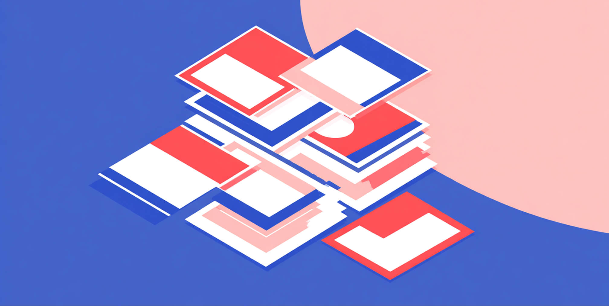 Abstract illustration of layered website layouts in red, blue, and white, representing modular Shopify theme architecture and flexible page structure.
