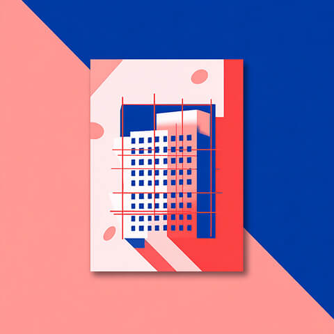 Stylized illustration of a building facade on a card, symbolizing a Shopify theme template or storefront layout.