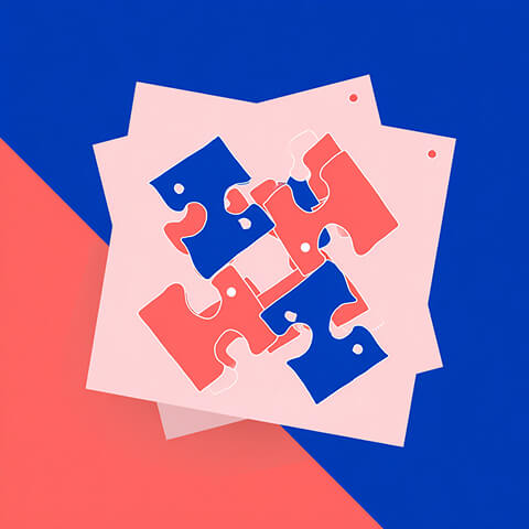 Interlocking puzzle pieces in red and blue, representing reusable Shopify theme components and modular design.