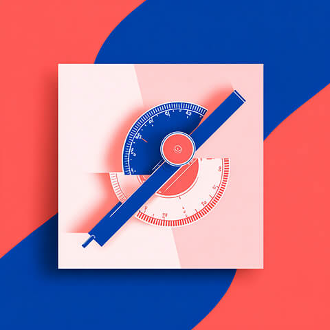 Abstract dial and ruler graphic in red and blue, symbolizing precise customization and theme configuration in Shopify.