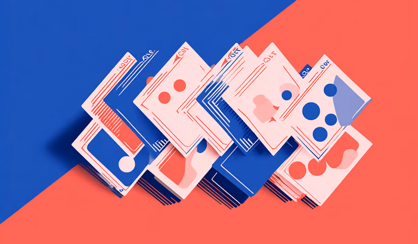 Stacked interface cards arranged diagonally, representing layered Shopify sections and content blocks.