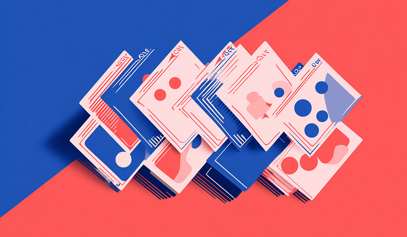 Stacked interface cards arranged diagonally, representing layered Shopify sections and content blocks.