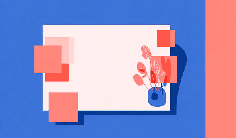 Minimal layout frame with floating elements and a plant, representing flexible Shopify page layouts and spacing.
