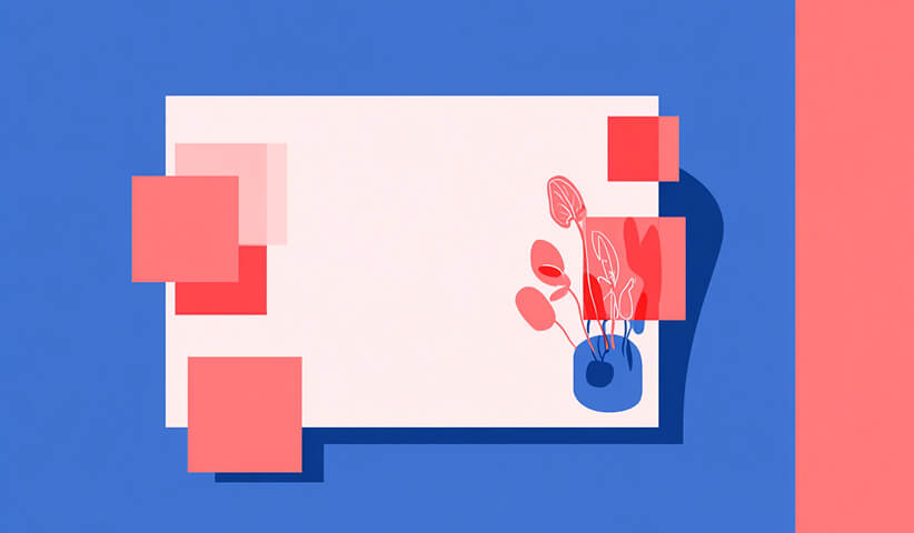 Minimal layout frame with floating elements and a plant, representing flexible Shopify page layouts and spacing.