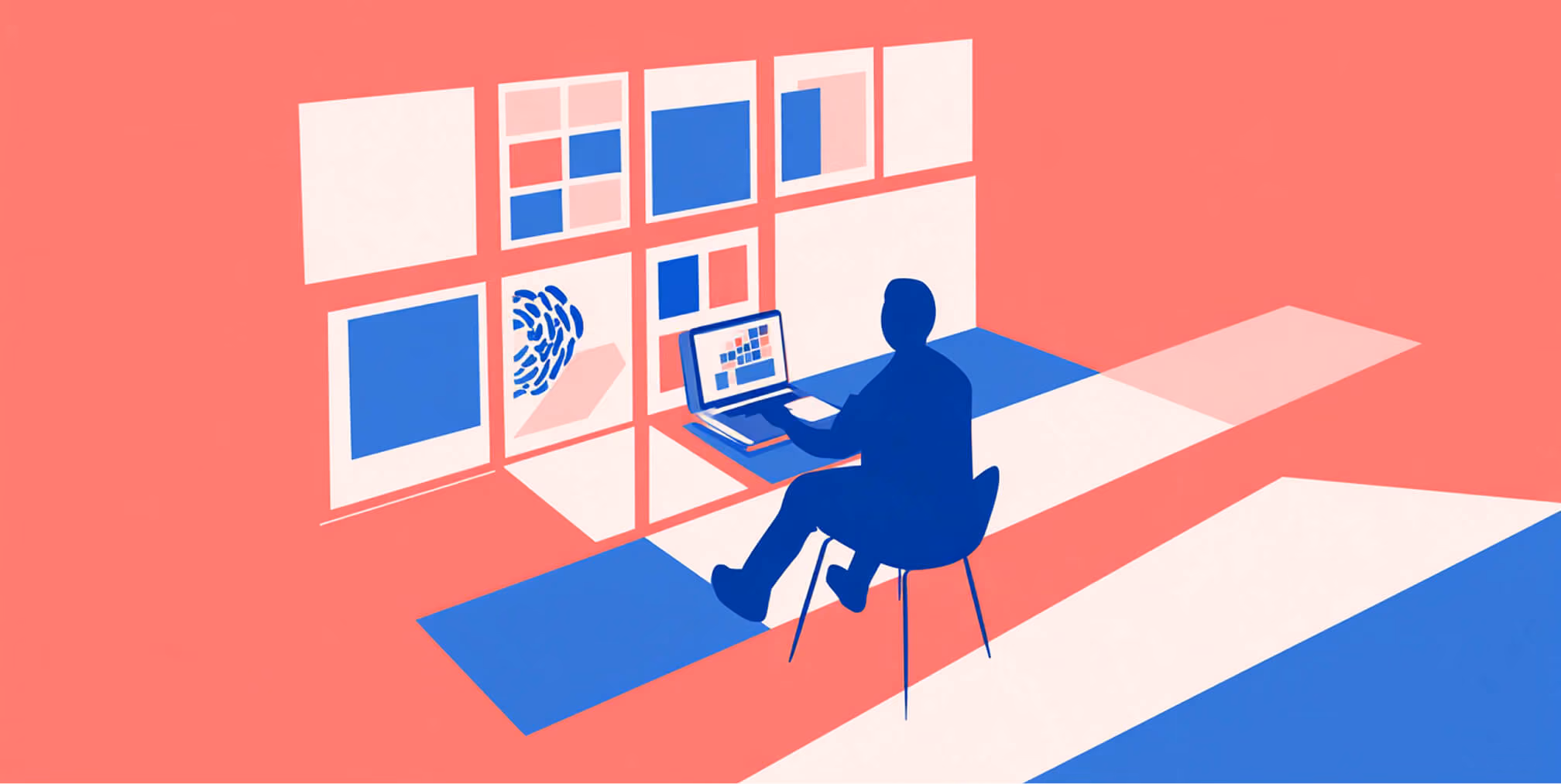 Illustration of a person working on a laptop surrounded by layout panels, representing Shopify theme development and customization workflow.