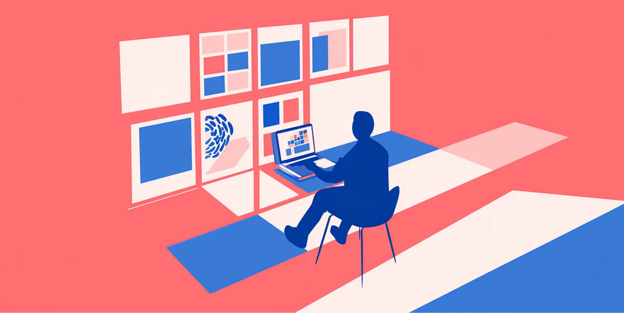 Illustration of a person working on a laptop surrounded by layout panels, representing Shopify theme development and customization workflow.