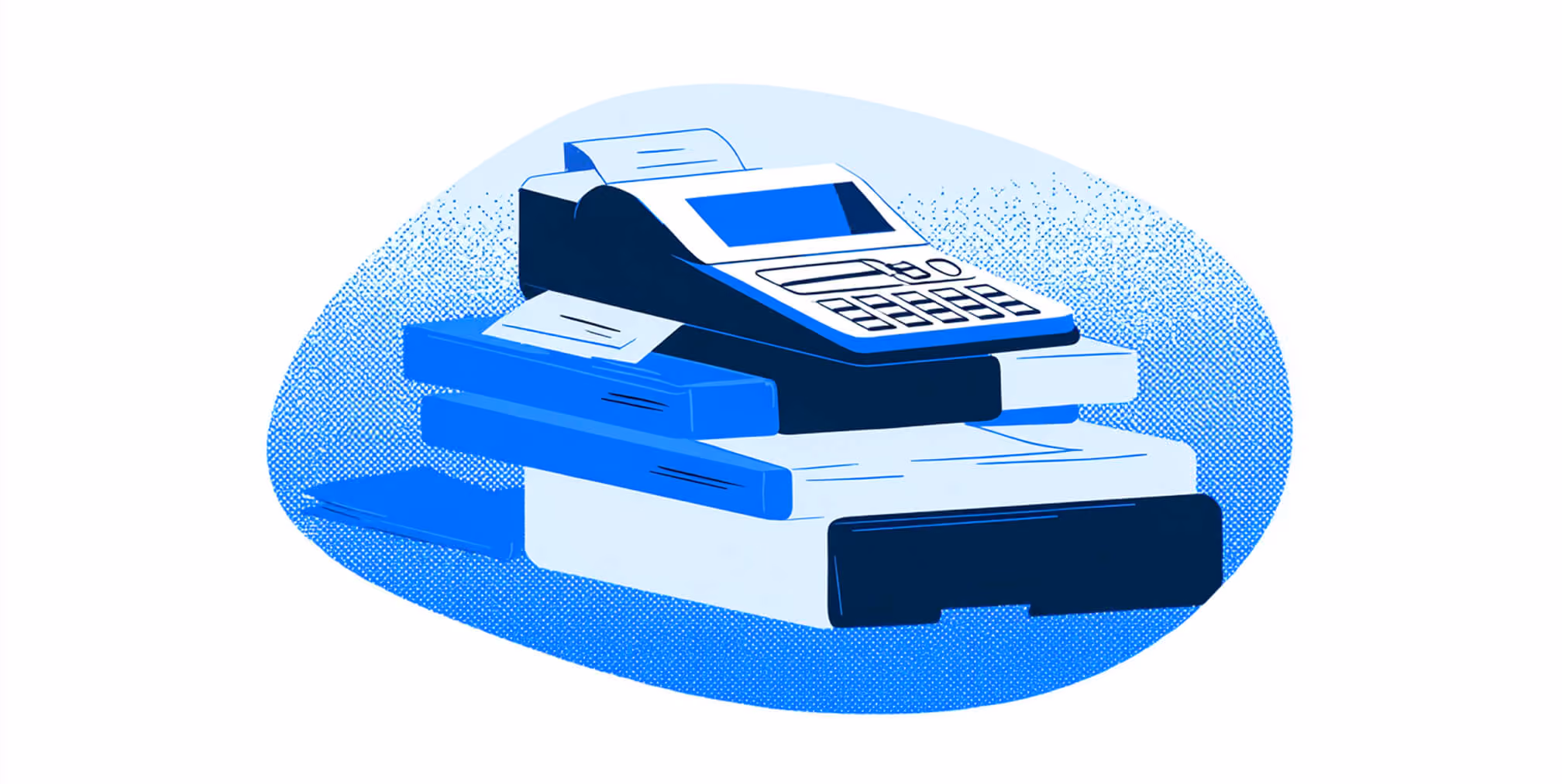 Abstract blue illustration of a receipt printer stacked on layered platforms, representing transaction processing and checkout systems.