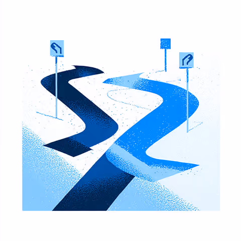 Abstract illustration of a winding road splitting into multiple directions, symbolizing choice points in user journeys or workflows.