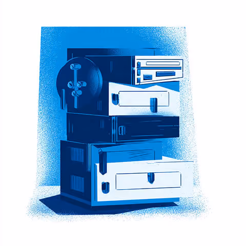 Stylized blue illustration of stacked drawers and hardware components, symbolizing backend infrastructure and modular systems.