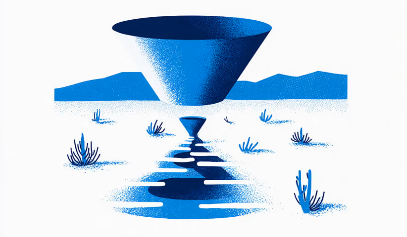 Blue abstract funnel narrowing into a stream, representing conversion optimization and filtering user actions.