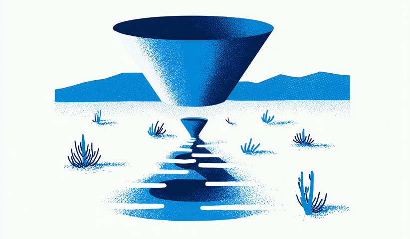 Blue abstract funnel narrowing into a stream, representing conversion optimization and filtering user actions.