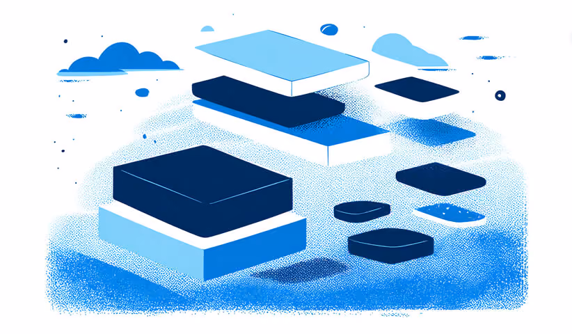 Modular platform layers Floating layered blocks in blue tones, illustrating scalable architecture and modular platform design.