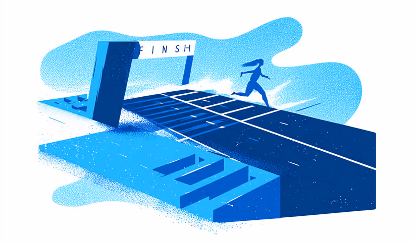 Stylized runner approaching a finish line on a segmented platform, symbolizing performance optimization and completion.