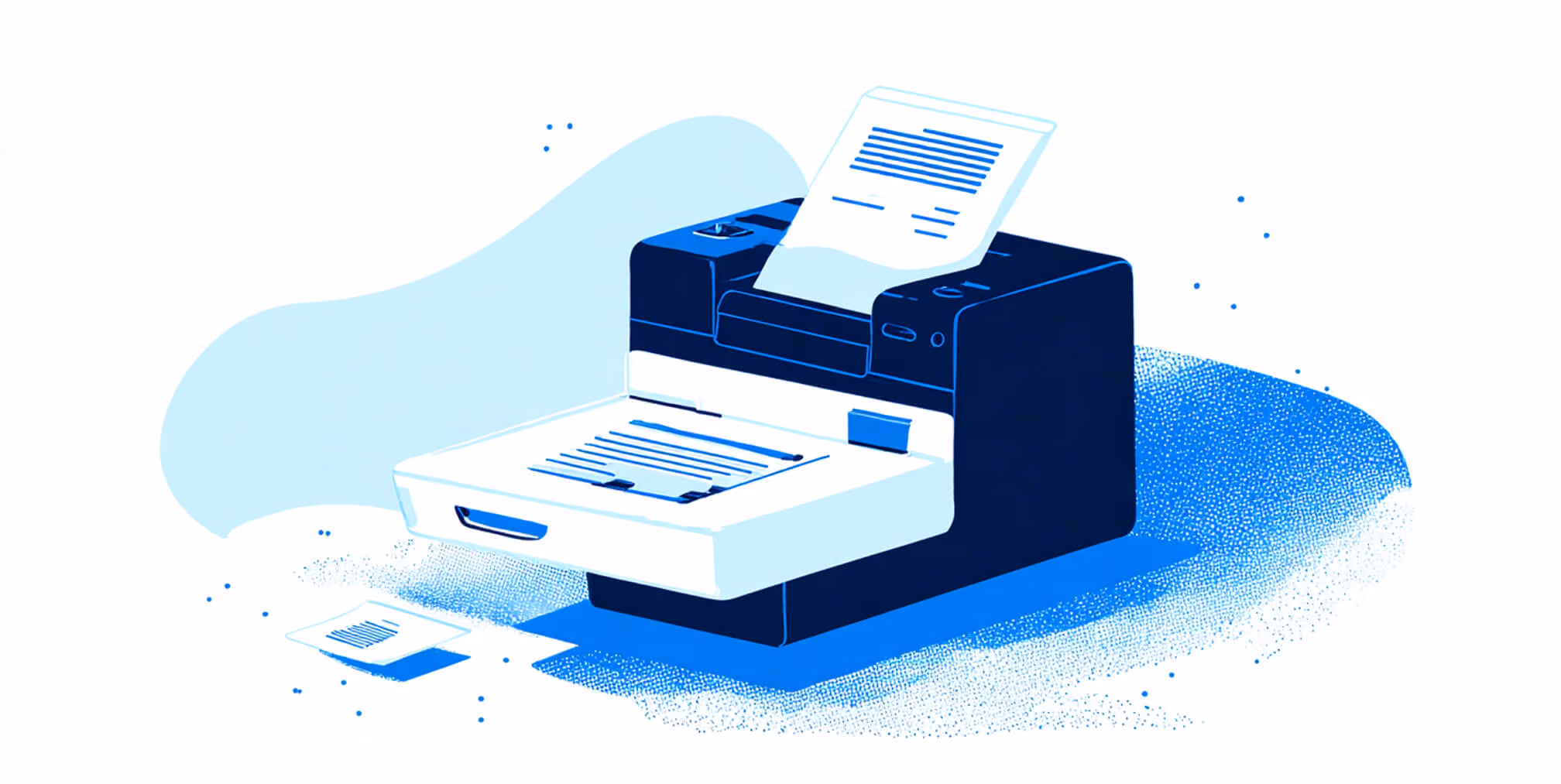 Modern illustration of a printer outputting documents, symbolizing automated checkout documentation and order processing.