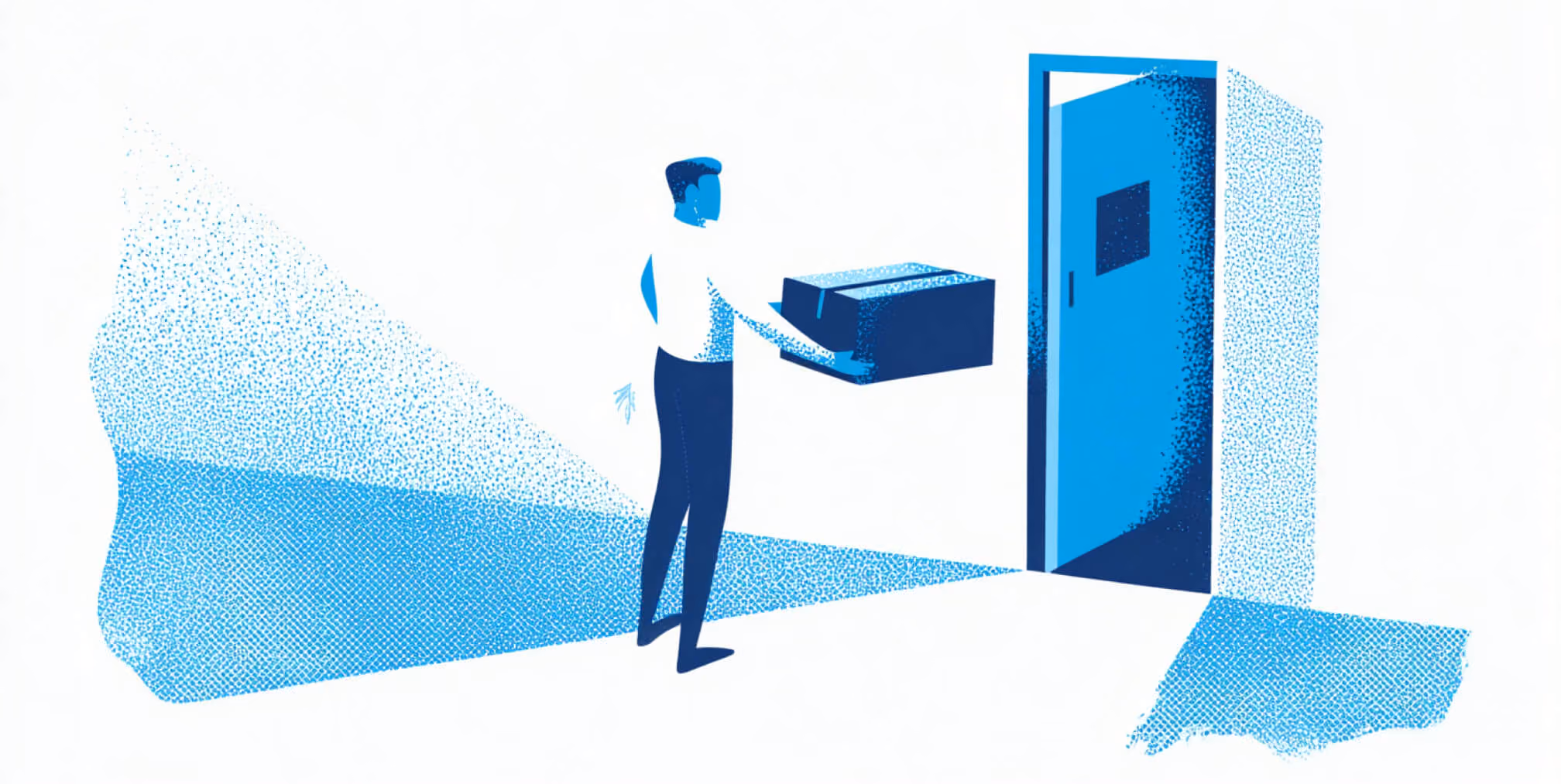 Minimal blue illustration of a person holding a package at an open door, representing order fulfillment and checkout completion.