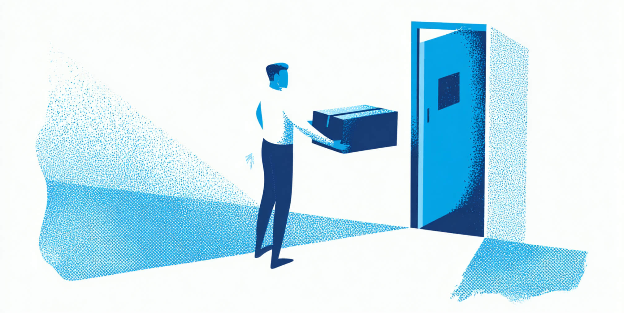 Minimal blue illustration of a person holding a package at an open door, representing order fulfillment and checkout completion.