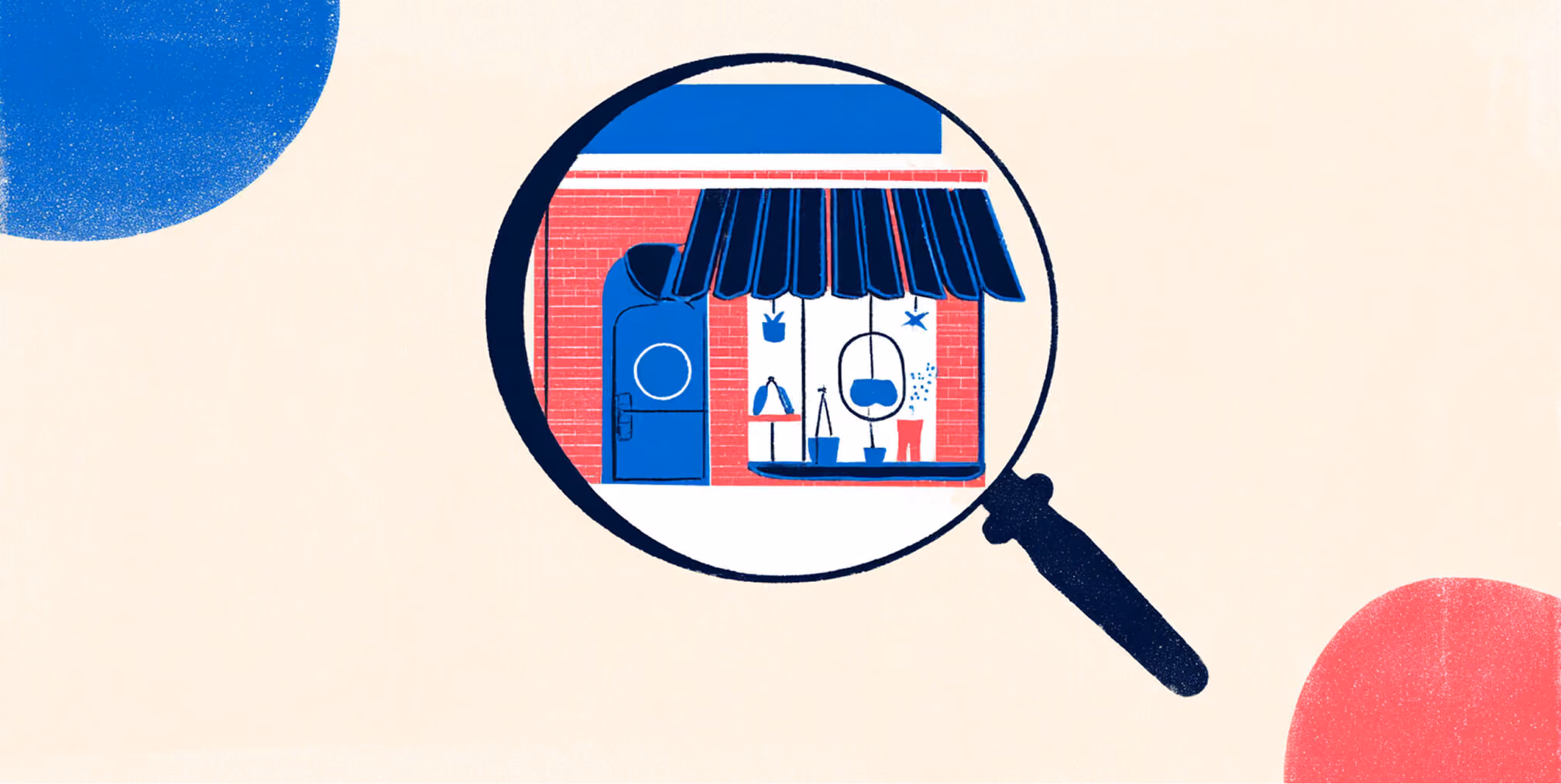 Illustration of a storefront viewed through a magnifying glass, symbolizing search visibility and Shopify SEO strategy.