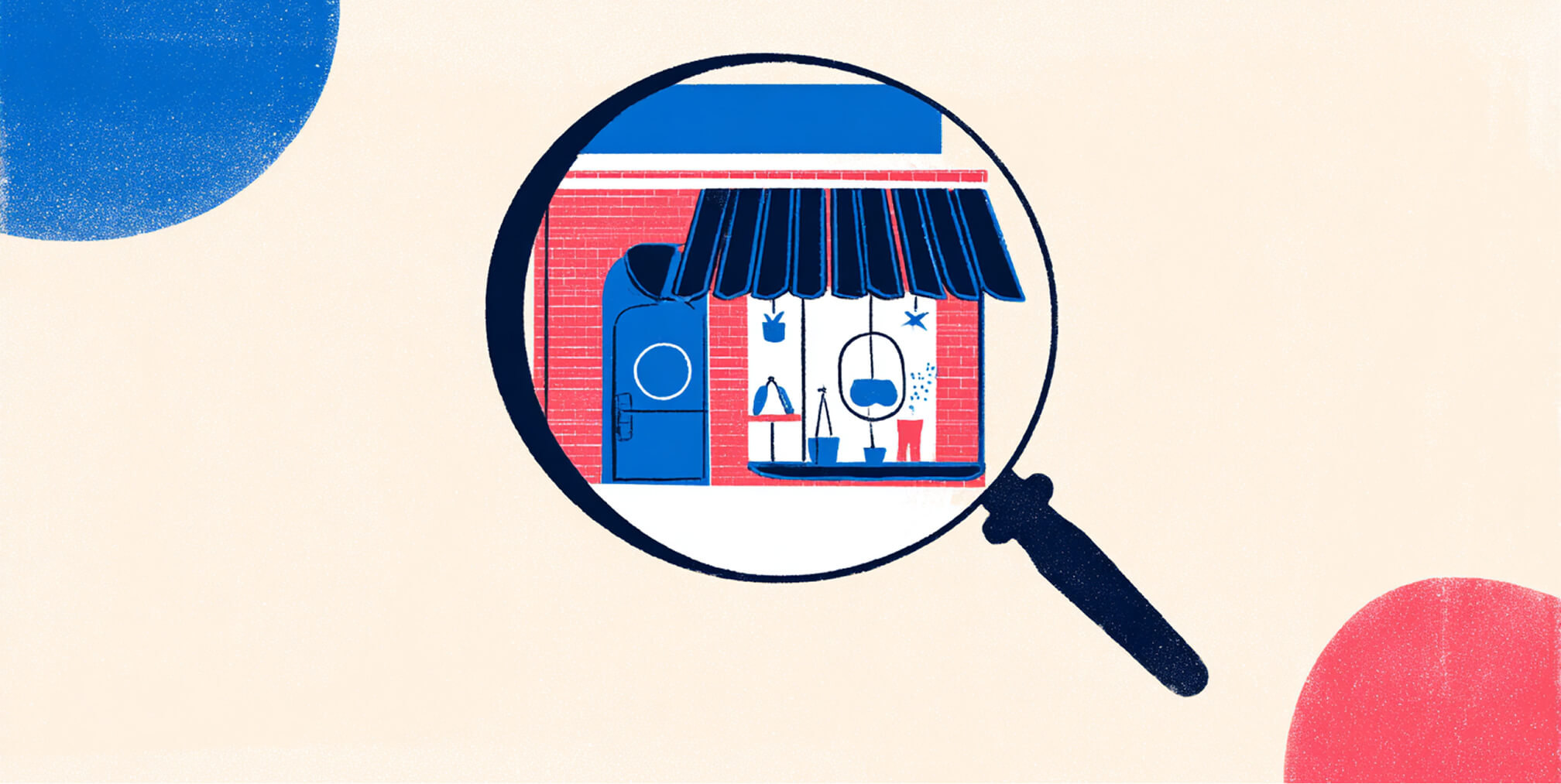 Illustration of a storefront viewed through a magnifying glass, symbolizing search visibility and Shopify SEO strategy.