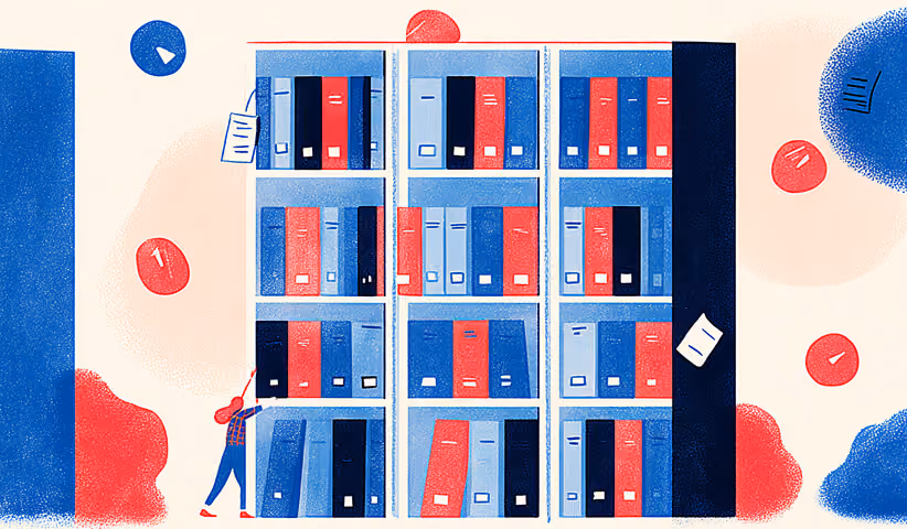 Bookshelf filled with organized files, representing structured content, authority, and content depth.