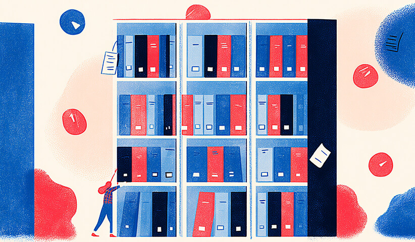 Bookshelf filled with organized files, representing structured content, authority, and content depth.