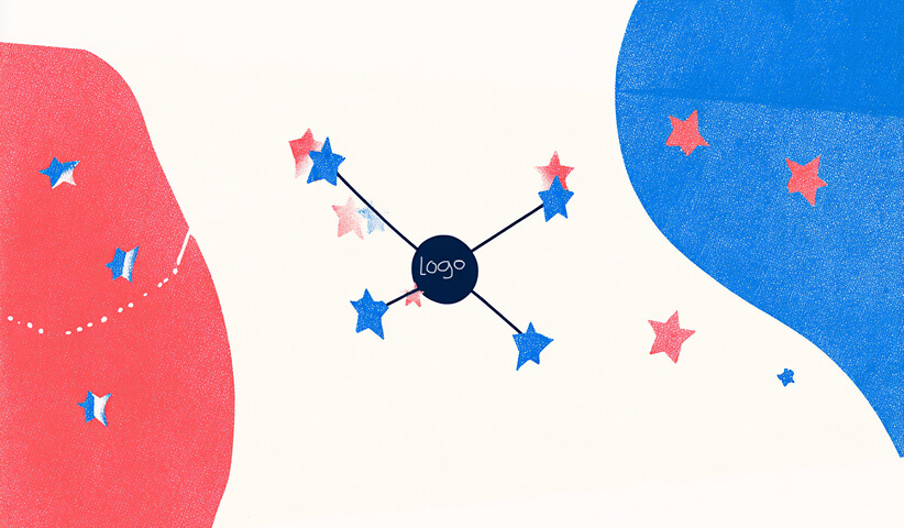 Brand hub graphic with a central logo connected to stars, symbolizing brand authority and trust signals.