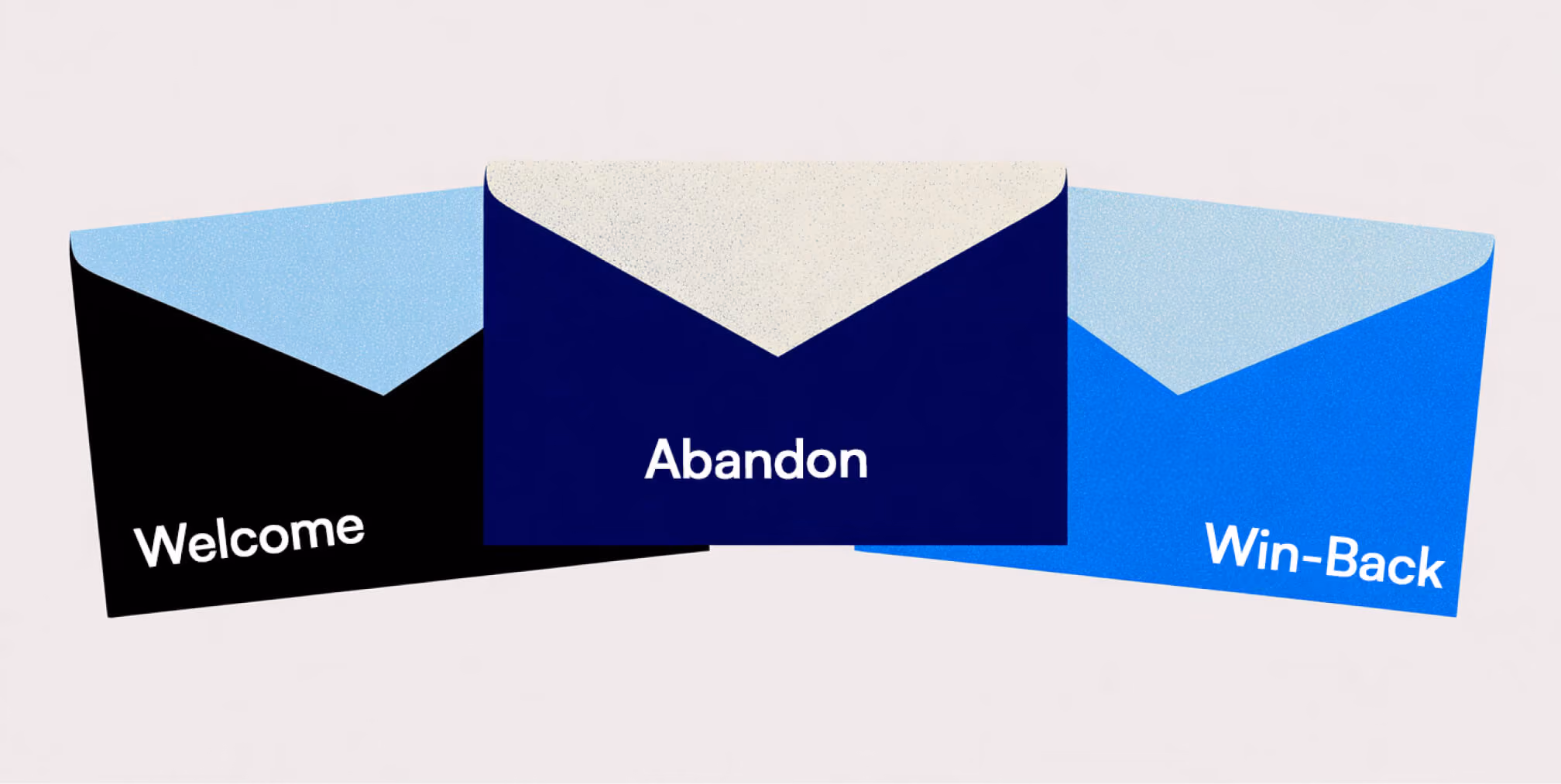Stacked envelopes in black and blue, symbolizing automated email flows working together in a Shopify lifecycle.