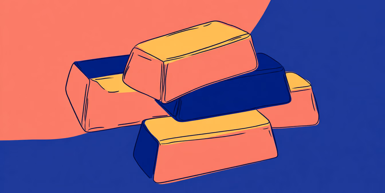 Stylized illustration of stacked gold bars in blue and coral tones, representing stored value and accumulated data.