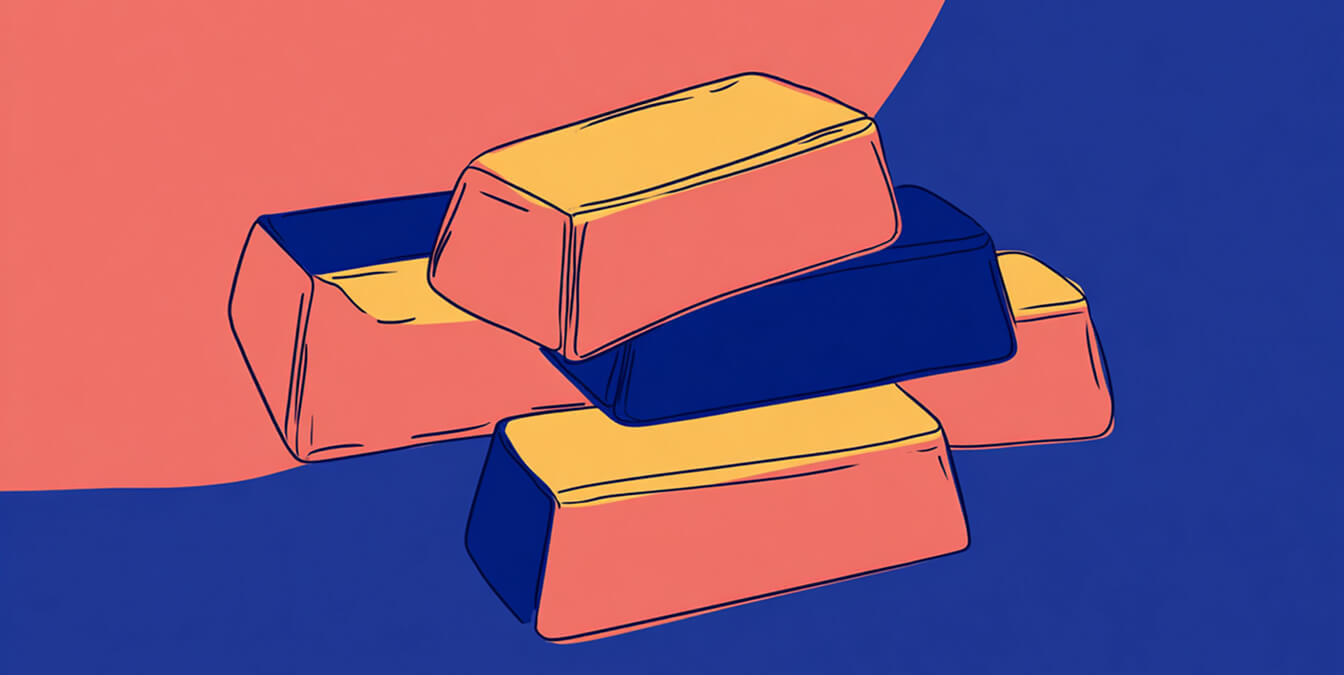 Stylized illustration of stacked gold bars in blue and coral tones, representing stored value and accumulated data.
