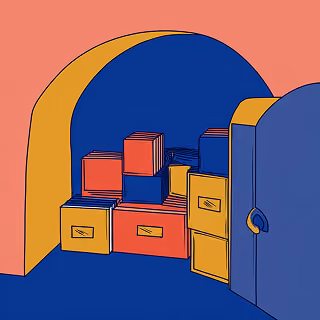 Open storage vault filled with labeled boxes and files, symbolizing organized customer and performance data.