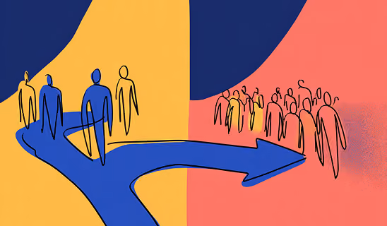 Forked pathway with groups of users moving in different directions, illustrating audience segmentation and decision paths.