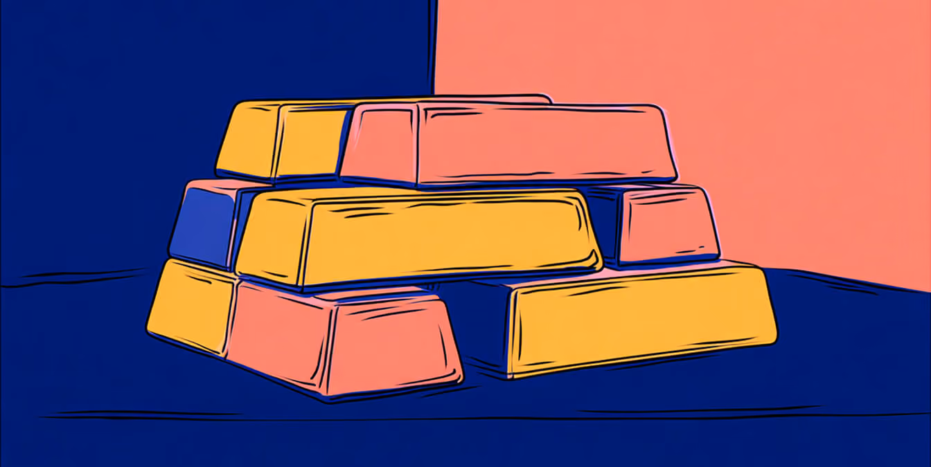Stack of gold bars in layered formation, representing refined insights turned into marketing value.