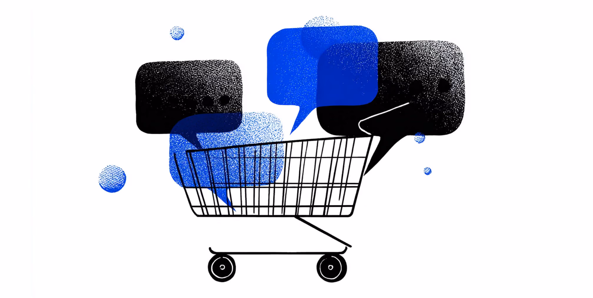 Shopping cart filled with overlapping speech bubbles, symbolizing customer conversations and user-generated content influencing online purchases.