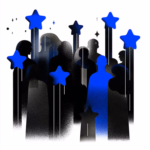Silhouetted crowd with blue star icons above them, symbolizing customer reviews, ratings, and social proof.