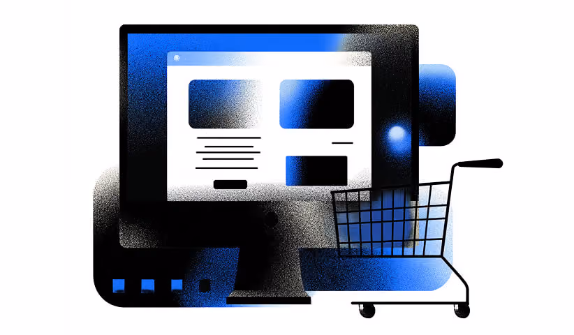 Computer screen with an ecommerce layout beside a shopping cart, symbolizing UGC integrated into Shopify product pages.