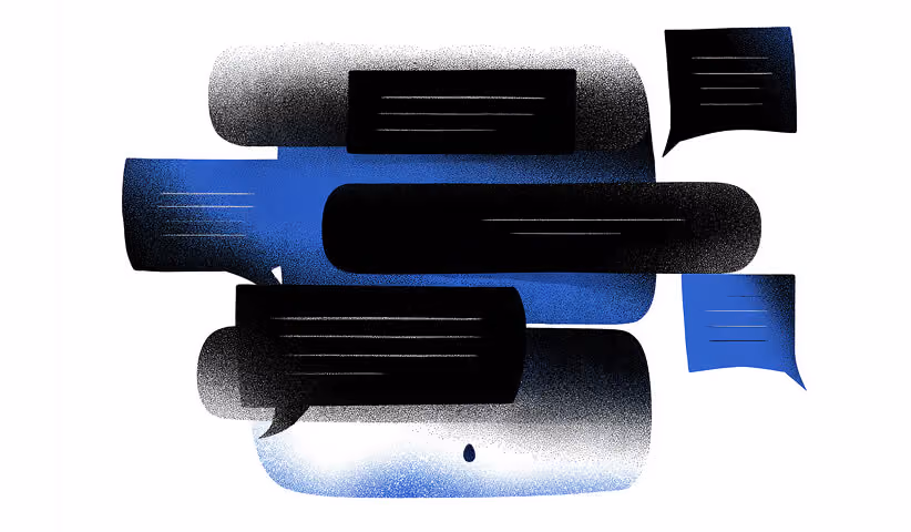 Stacked chat bubbles in blue and black, representing customer conversations, comments, and social engagement.