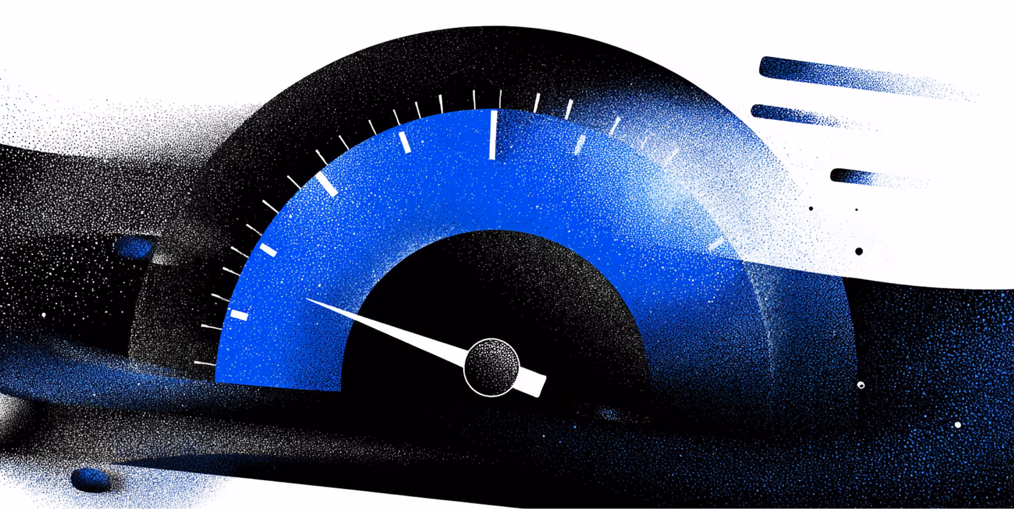 Speedometer-style gauge in blue tones, symbolizing increased conversion rates and performance driven by user-generated content.
