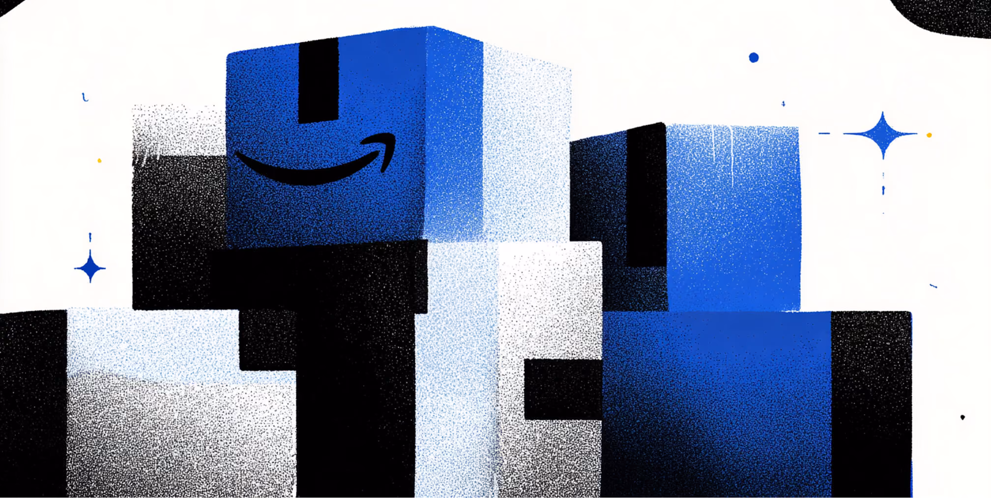 Abstract block figures with a smiling box-shaped character, representing brands standing out by leveraging authentic customer voices.