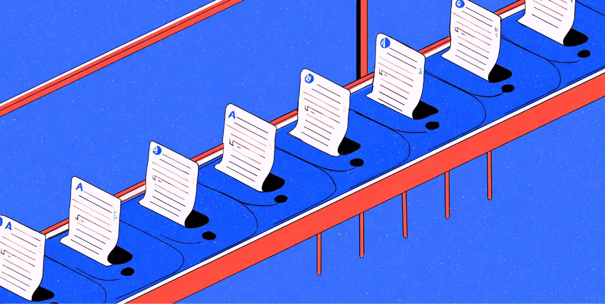 Illustration of automated documents moving along a conveyor system, representing streamlined workflows and ecommerce automation.