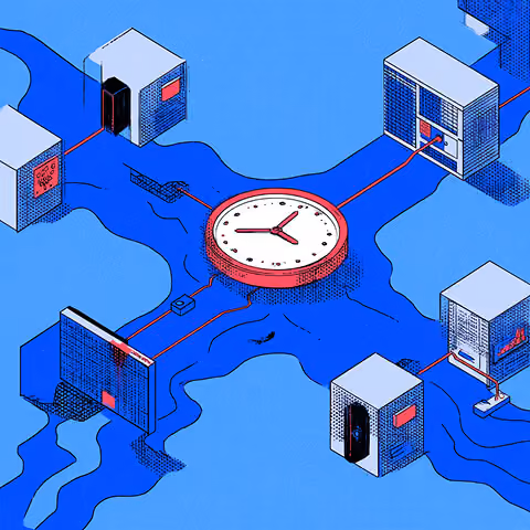 Network of connected servers surrounding a central clock, illustrating synchronized systems and automated processes.