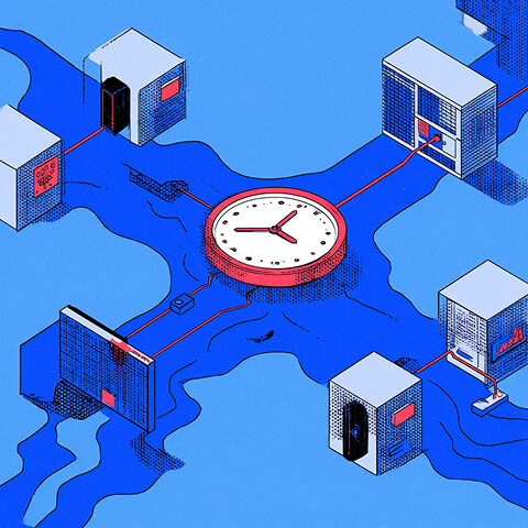 Network of connected servers surrounding a central clock, illustrating synchronized systems and automated processes.