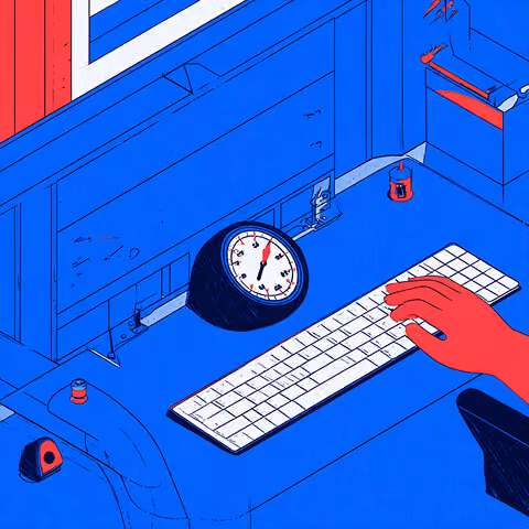 Desk scene with a clock, keyboard, and hand working at a computer, symbolizing time savings through automation.