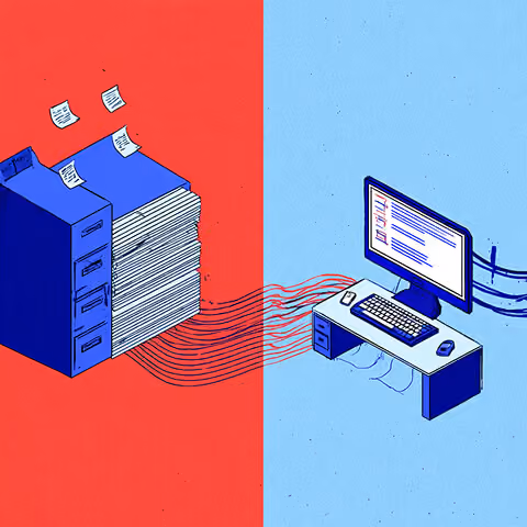 Split scene showing paper files transferring into a digital workstation, representing automation replacing manual tasks.