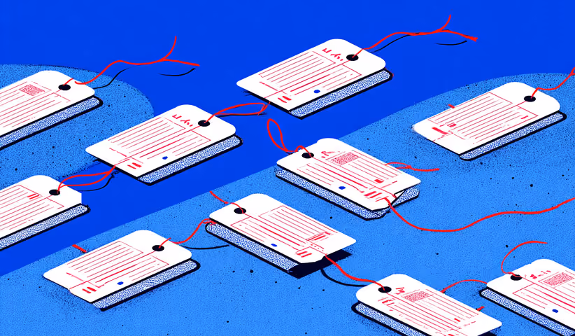 Tagged documents connected by red strings, symbolizing organized workflows and automated data routing.